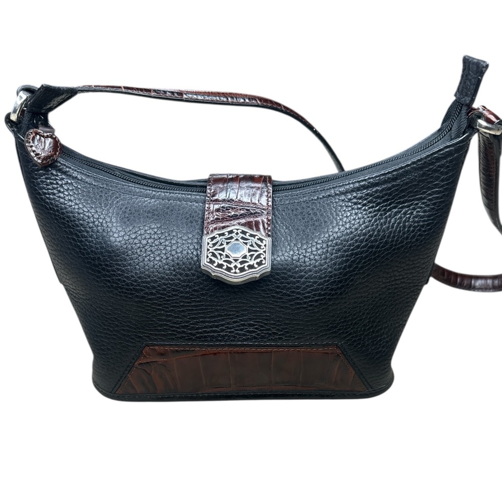 BRIGHTON - Black Leather Brown Croc Trim Shoulder Bag